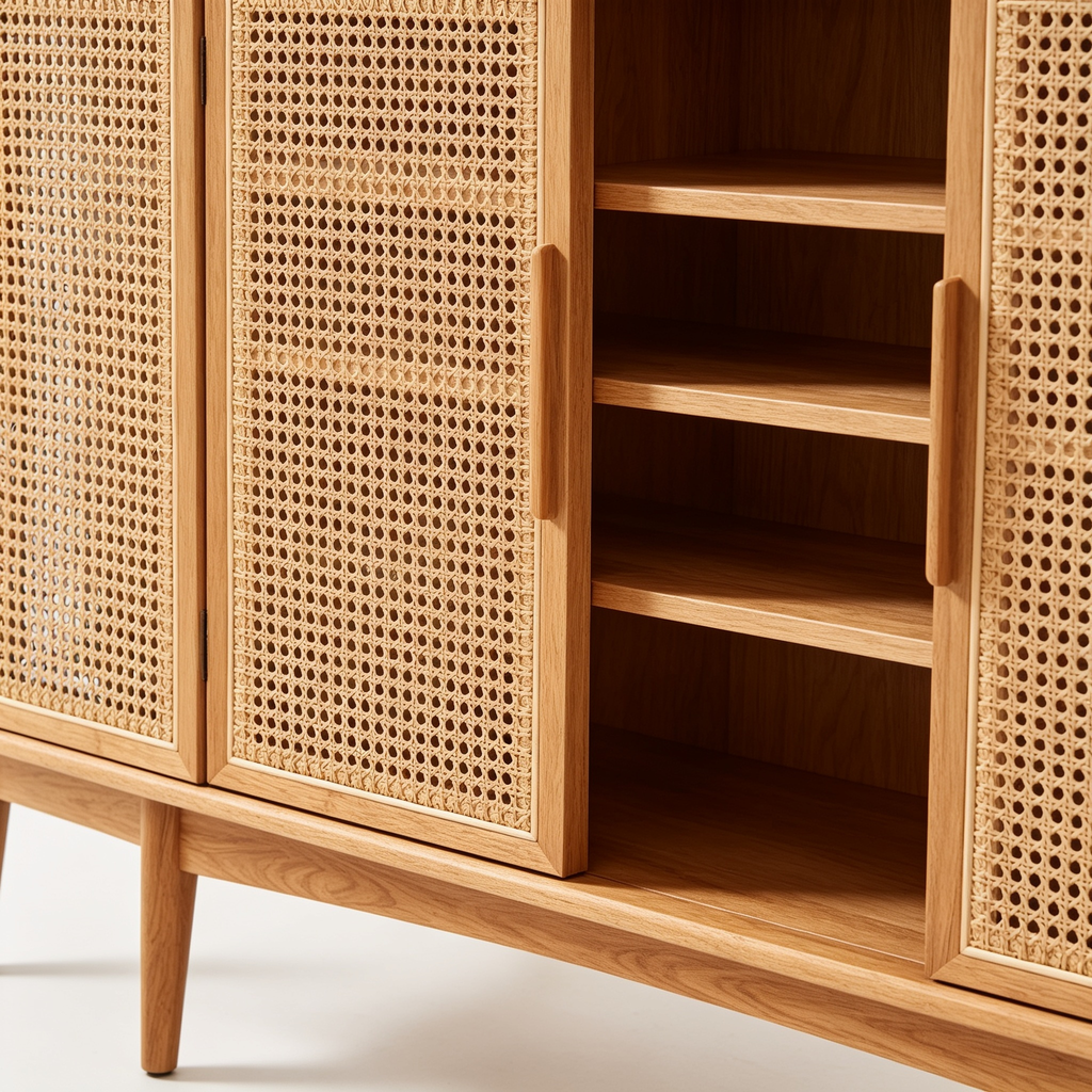 UrbanFurnCoq.com 15.7"D Rattan Buffet Sideboard Cabinet with Storage, Modern Accent Cabinet with Adjustable Shelf & Solid Wood Legs, Coffee Bar Cabinet with Doors for Kitchen, Living Room, Entryway, Natural Oak