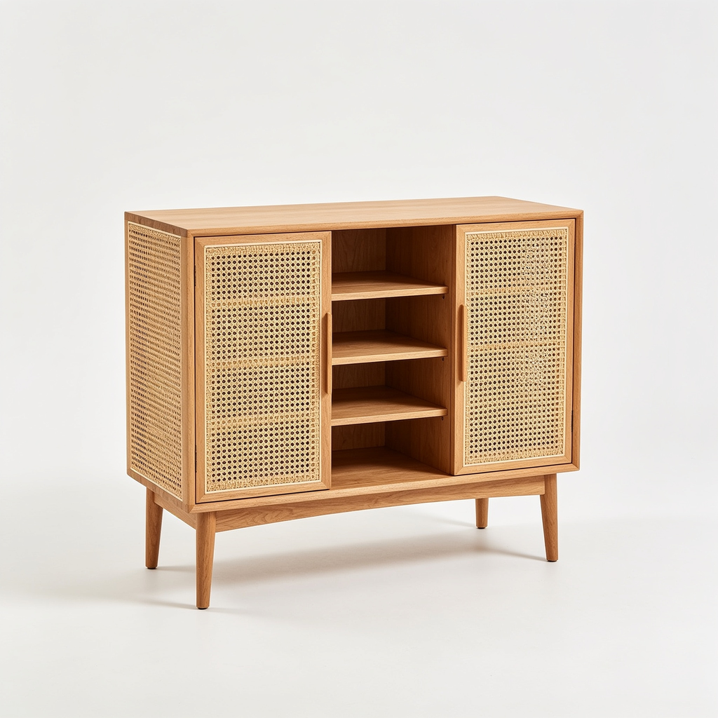 UrbanFurnCoq.com 15.7"D Rattan Buffet Sideboard Cabinet with Storage, Modern Accent Cabinet with Adjustable Shelf & Solid Wood Legs, Coffee Bar Cabinet with Doors for Kitchen, Living Room, Entryway, Natural Oak